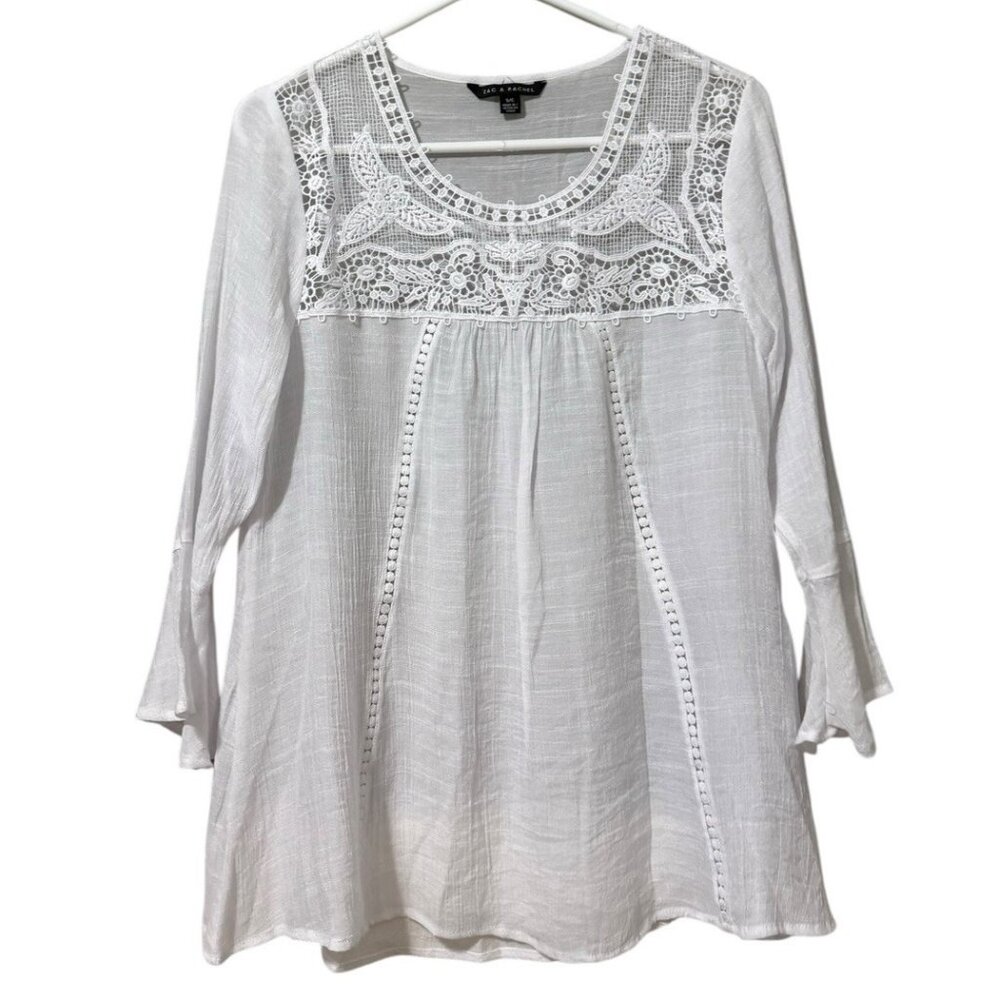 Zac & Rachel Floral Embroidered Tunic Top White Lightweight Flowing Size Small